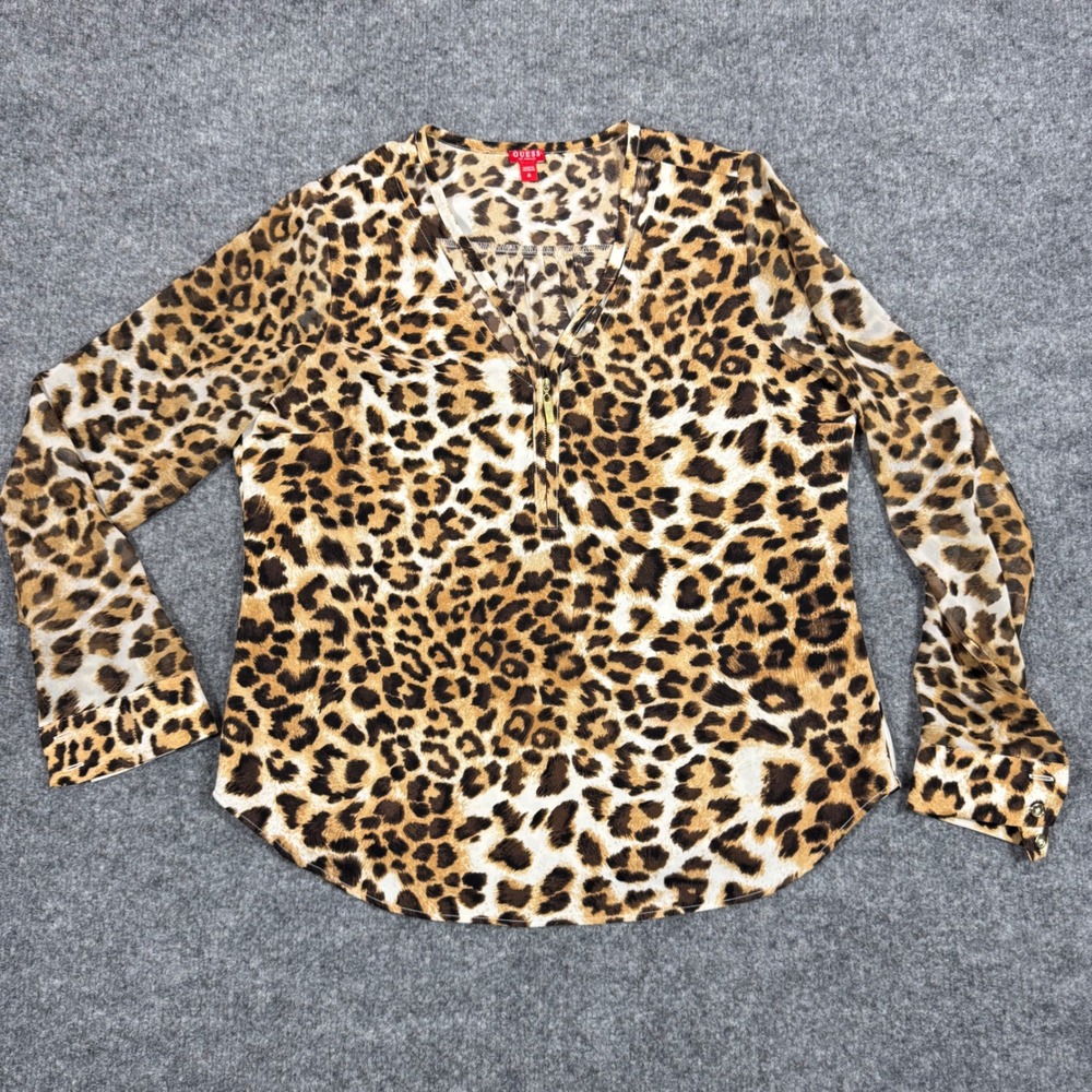 Guess Leopard Animal Print Zip Front Blouse Womens Size M Brown Chiffon EUC